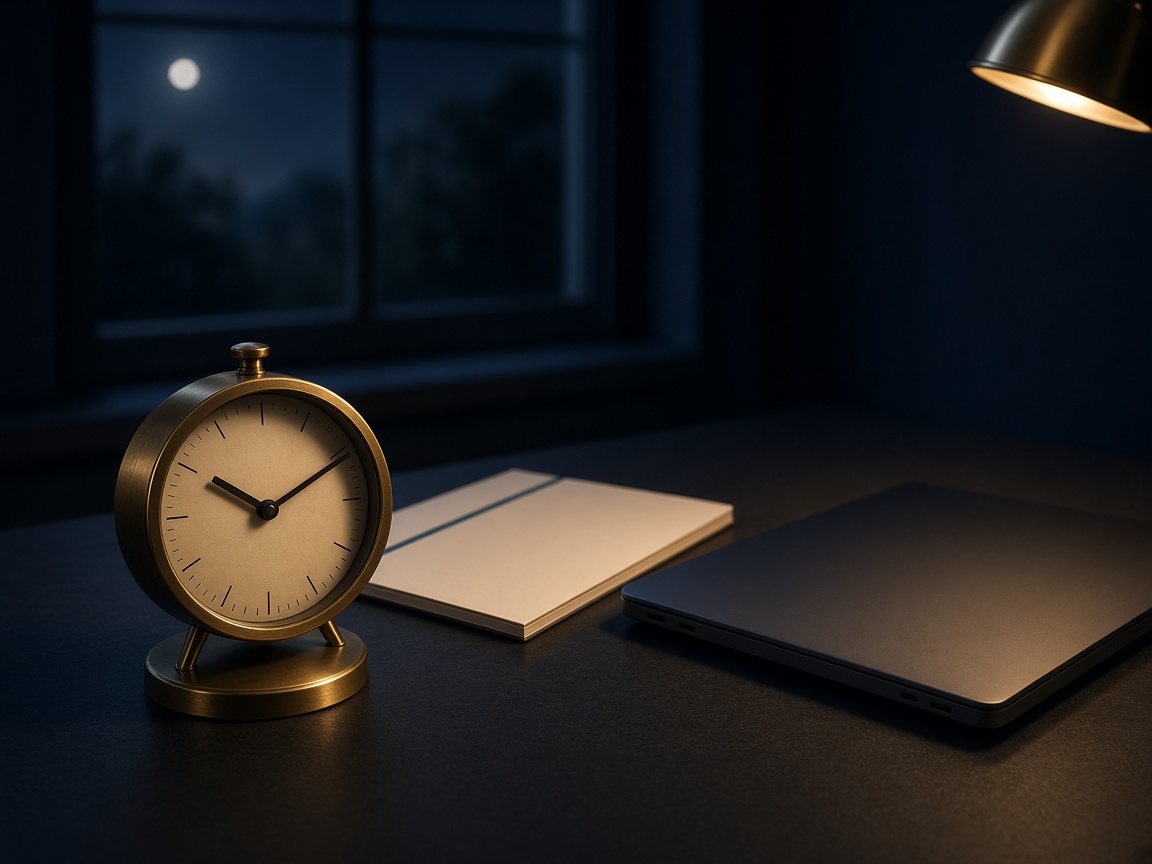 Analog clock on a night desk next to a laptop and a slim report