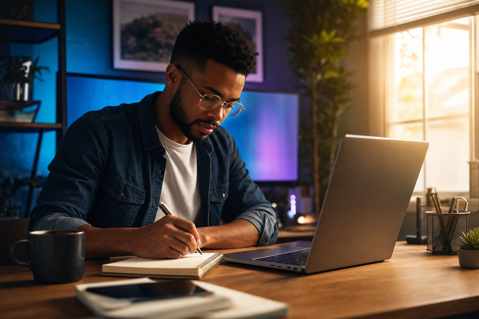 Solo business owner at a desk writing in a notepad beside a laptop, warm morning light, violet and cyan ambient glow from a monitor in the background, premium editorial photo