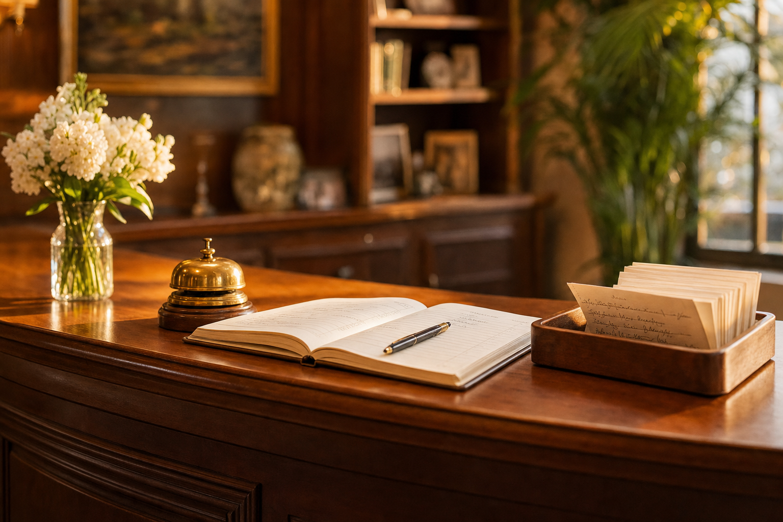 A calm, organized service-business front desk at golden hour with a paper appointment book, brass desk bell, and a neat stack of client call cards, no people present