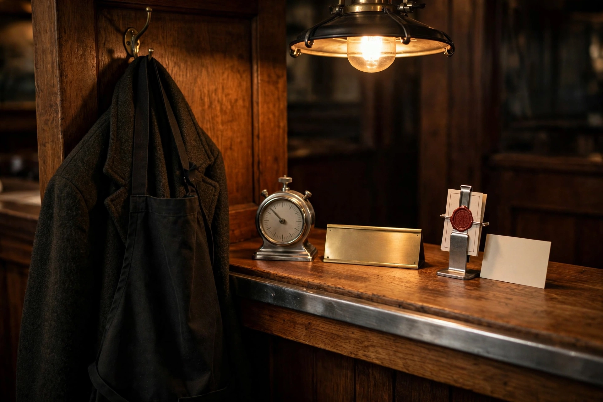 Tungsten light on a restaurant host stand, steel and wood, with a guest coat over a staff apron on one hook, a kitchen timer beside a blank brass nameplate, and a wax-sealed card on a short ticket spike, for admin impersonation security review cost.