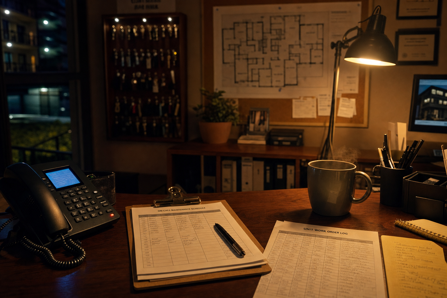 A quiet property management desk after dark with a ringing business phone, an on-call maintenance roster, and a unit work-order log under a warm lamp
