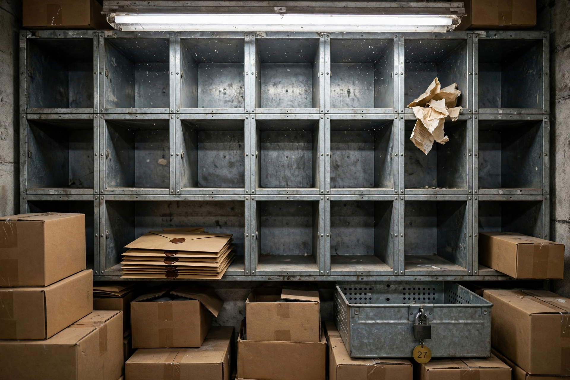Inyección de prompts mostrada como la pared de un cuarto de correo en un almacén bajo luz industrial cenital, con sobres de entrada sellados con lacre, un flyer rasgado sin etiqueta en el casillero equivocado y un buzón de salida con candado.