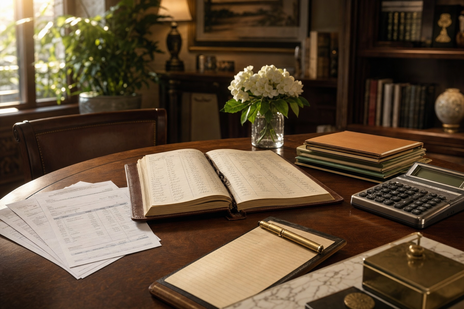 A calm operations desk in warm light with printed vendor quotes fanned out, an open accounts ledger, color-coded folders, and a calculator, no people present