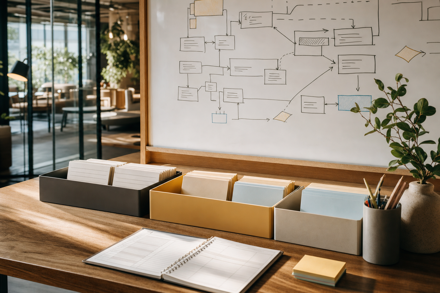 AI agent escalation rules shown as a calm operations desk with paper routing cards, a marked planner, and a whiteboard handoff map.