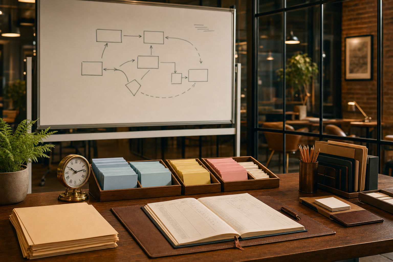 AI agent first week quality checks represented by an orderly operations desk, paper workflow cards, and a handwritten review ledger.