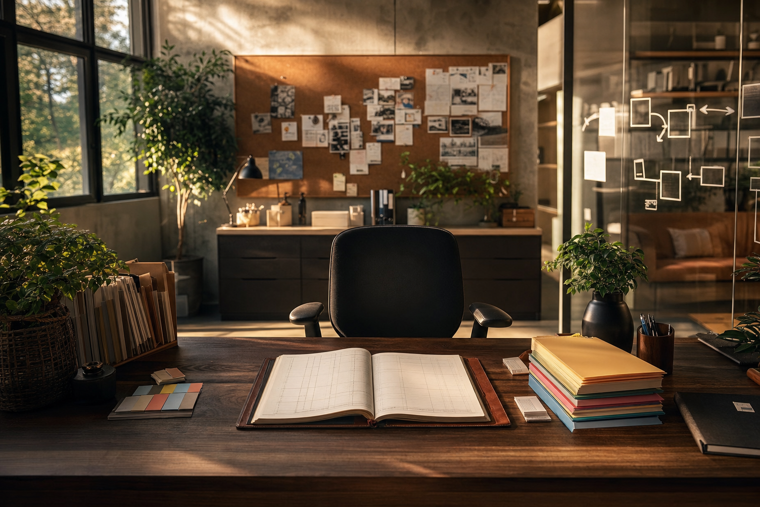 An AI agent owner workflow represented by one orderly project ledger, labeled folders, and a clear whiteboard process in a warm operations room.
