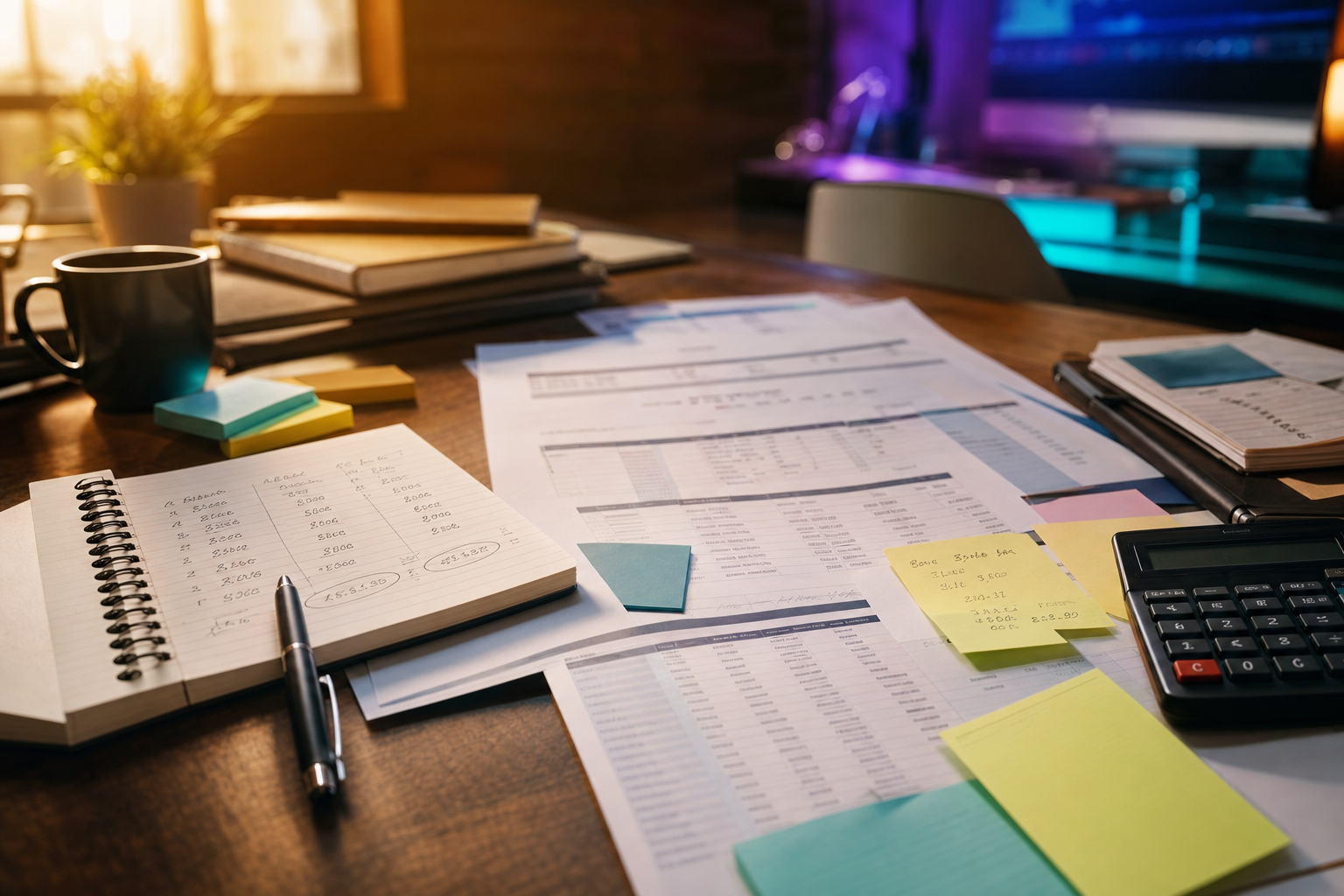 Small-business desk with handwritten cost comparison notes, printed vendor quotes, and a calculator in warm afternoon light, no person visible