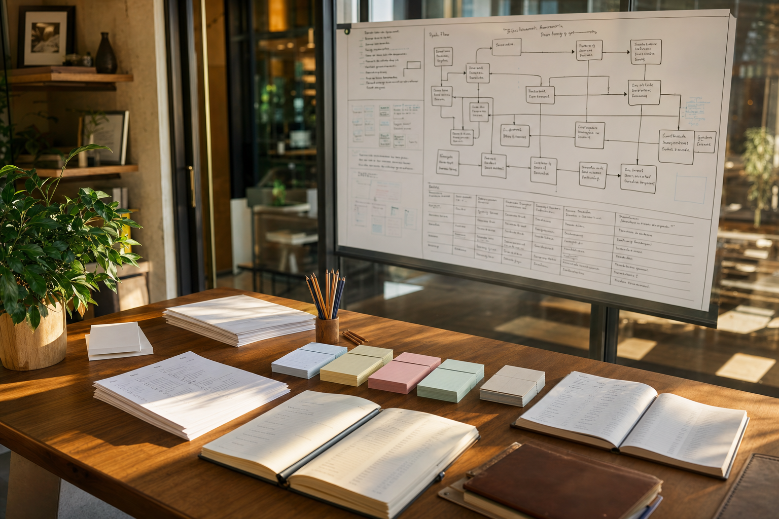 AI agent quality control shown as a calm operations desk with paper checklists, sorted index cards, and a whiteboard workflow map.