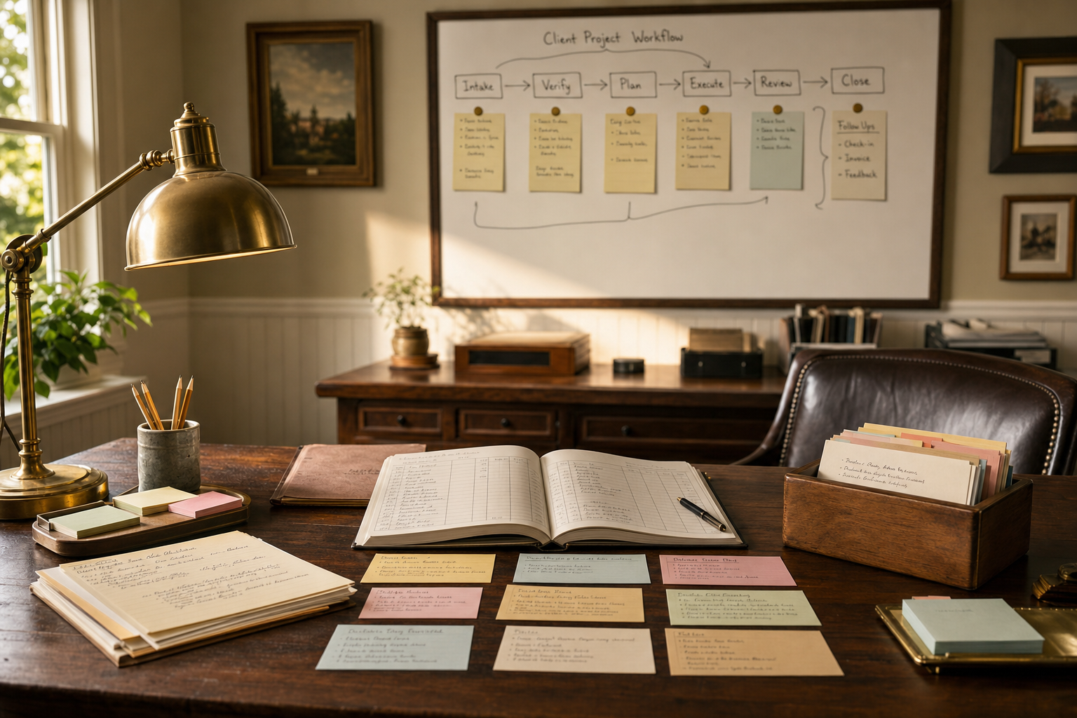 An AI agent task handoff shown as an orderly operations desk with paper task cards, a client ledger, and a whiteboard workflow map.