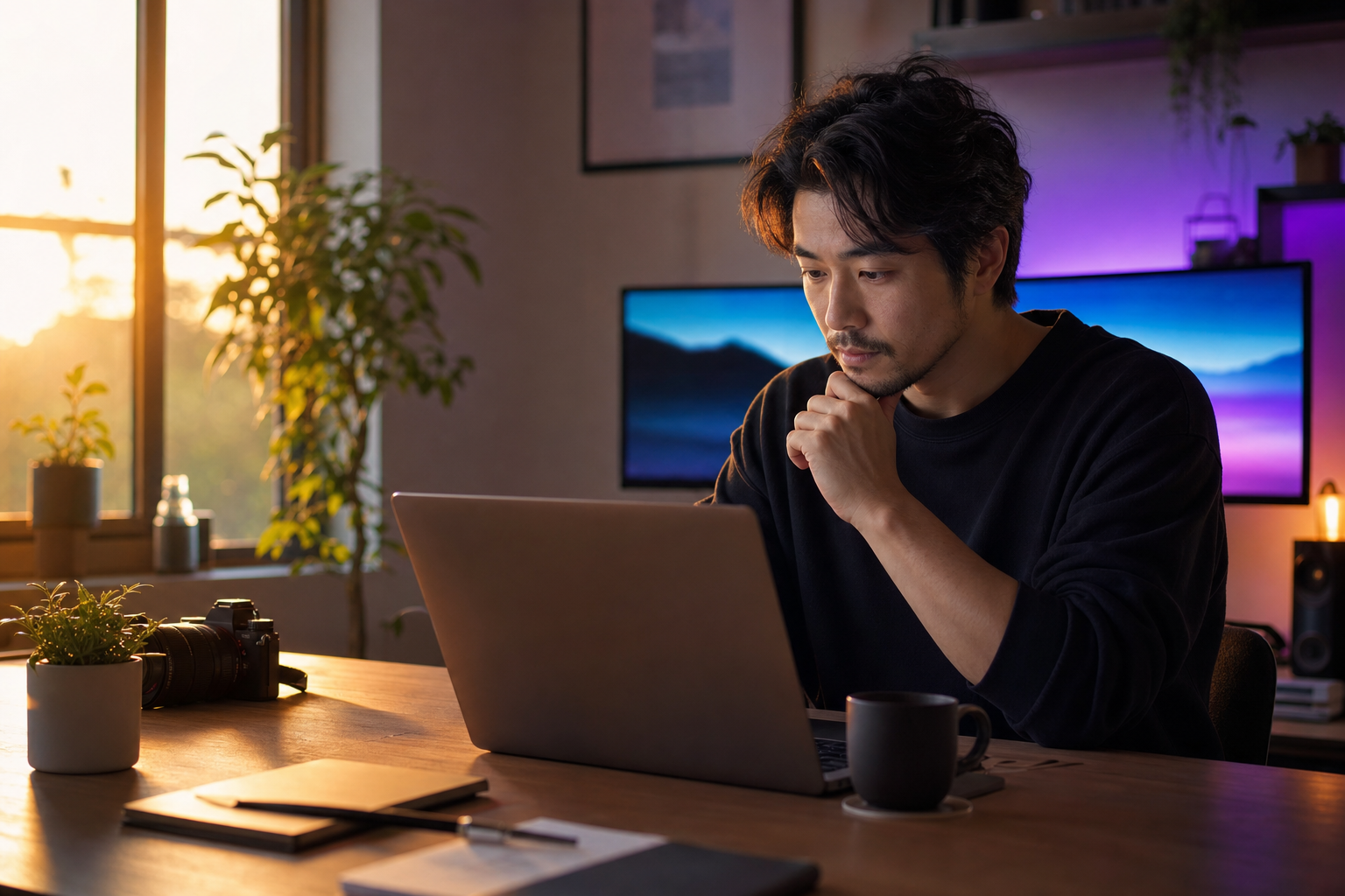 Small business owner at a desk with a laptop in a home office, warm golden light from a window, violet and cyan ambient glow from a second monitor, shallow depth of field