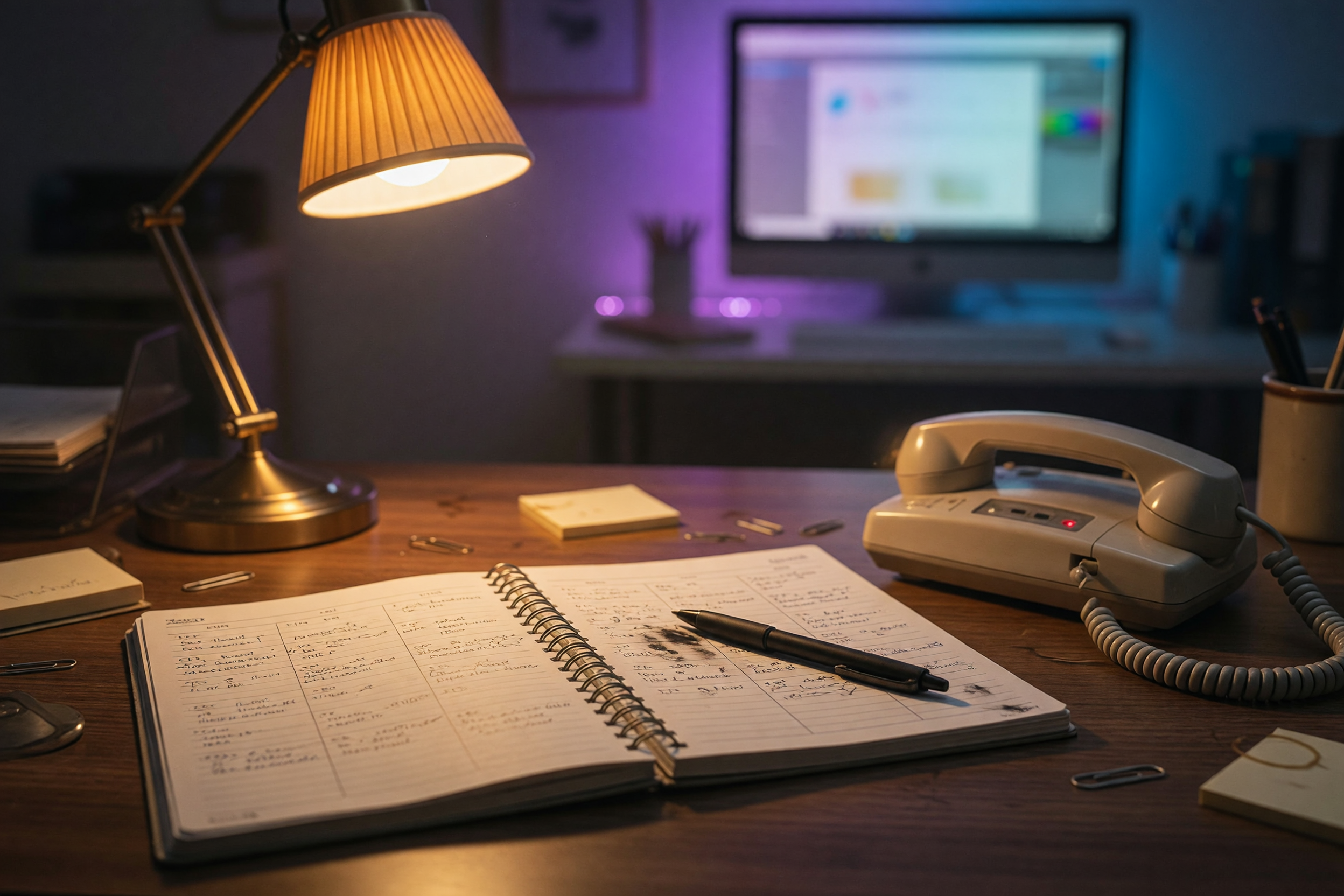 La recepción de un pequeño negocio fuera de horario, una agenda de citas abierta junto a un teléfono sonando sobre el escritorio, luz cálida del lobby con un suave resplandor violeta ambiental de un monitor desenfocado al fondo