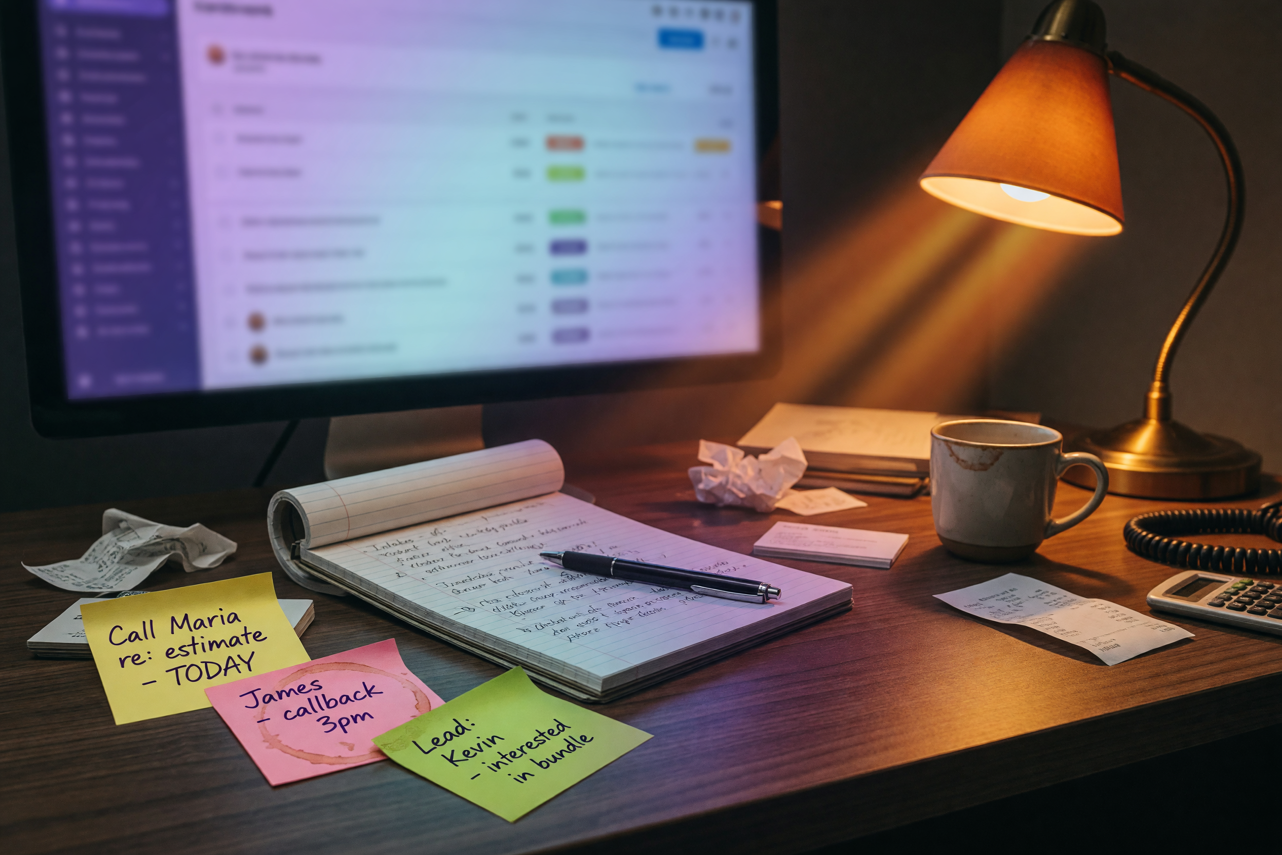Small-business owner's desk with a blurred CRM contact list on a monitor, sticky notes and a lead intake notepad nearby, warm amber desk lamp, subtle violet and cyan ambient glow, shallow depth of field