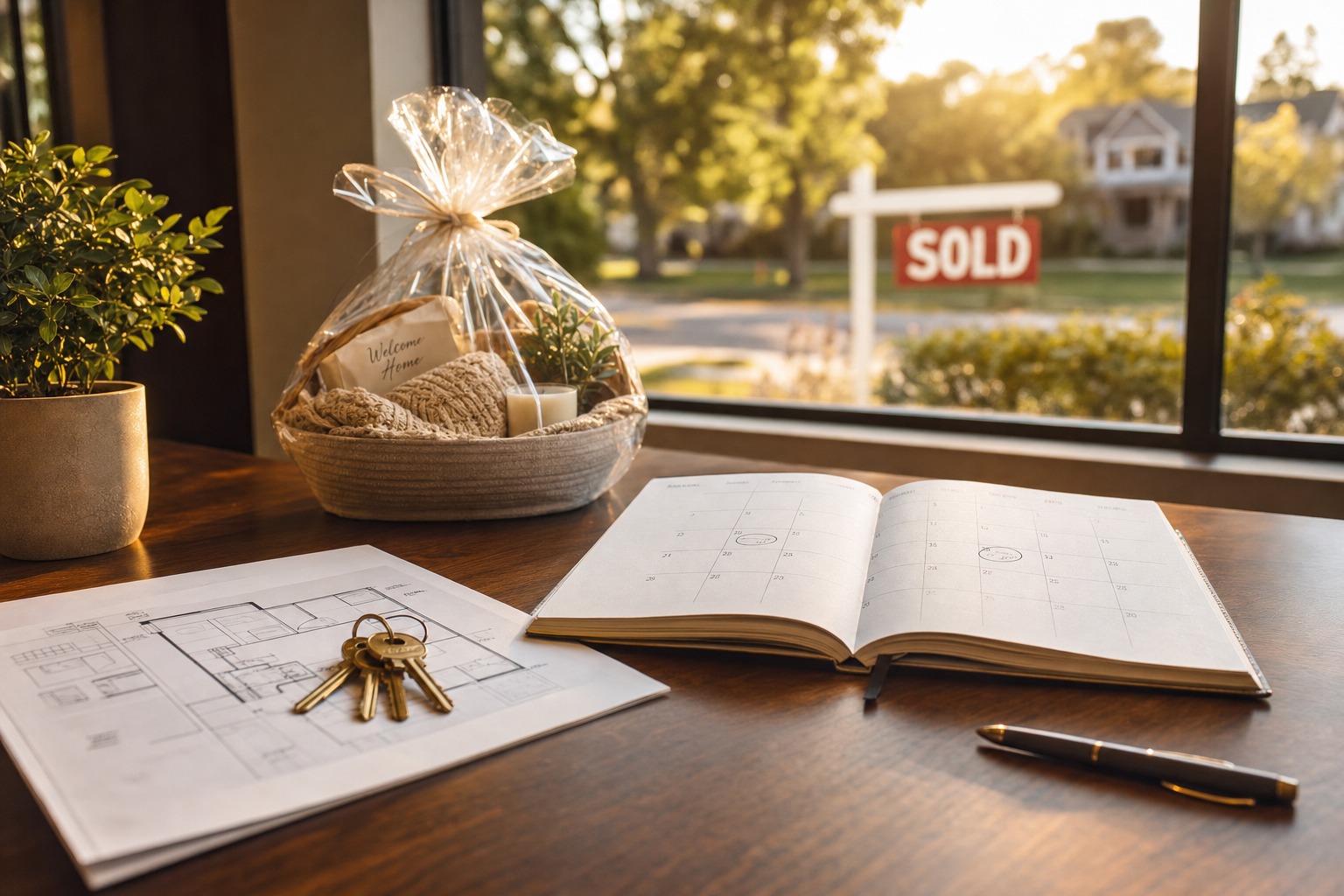 A real estate office desk at golden hour with house keys, a paper listing appointment calendar, and architectural blueprints, calm and orderly with no people