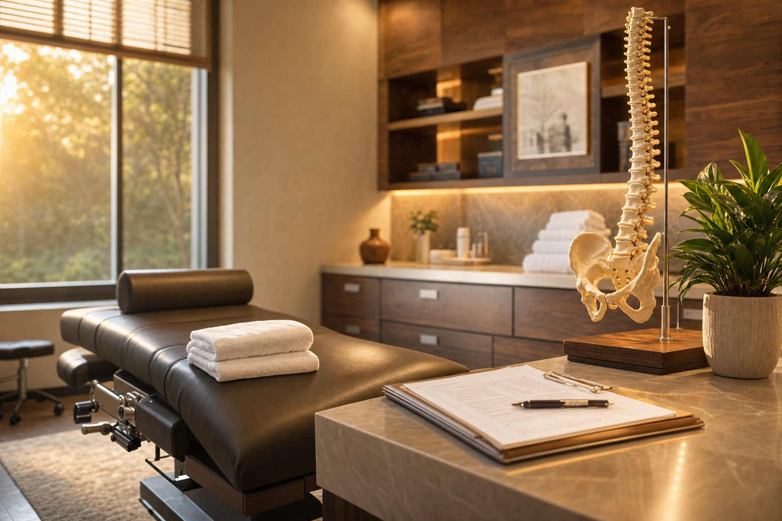 A calm, orderly chiropractic treatment room at golden hour with a clean adjustment table, folded white towels, a wooden spine model, and a patient intake clipboard.