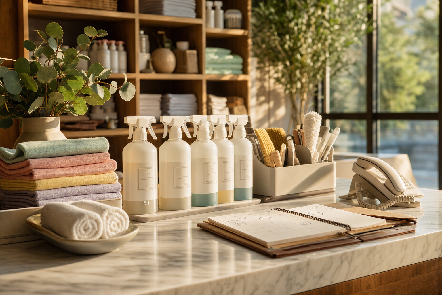 A tidy cleaning company supply station at close of day with neatly stacked microfiber cloths, labeled spray bottles, a corded desk phone, and an open paper booking calendar under warm lamplight, no people.