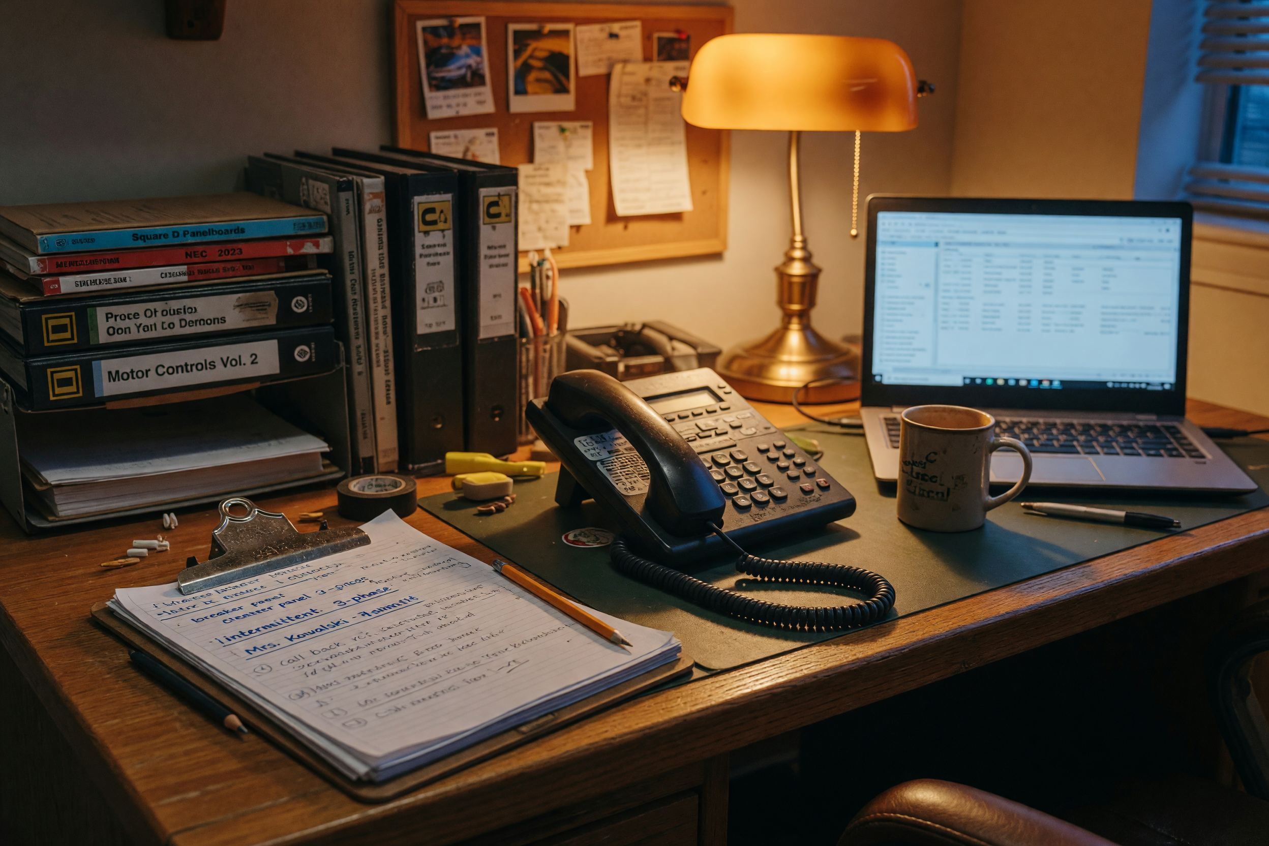 Electrical contractor dispatch desk at night with a clipboard of service call notes, a corded phone on a cradle, and a laptop showing a call log — no people visible