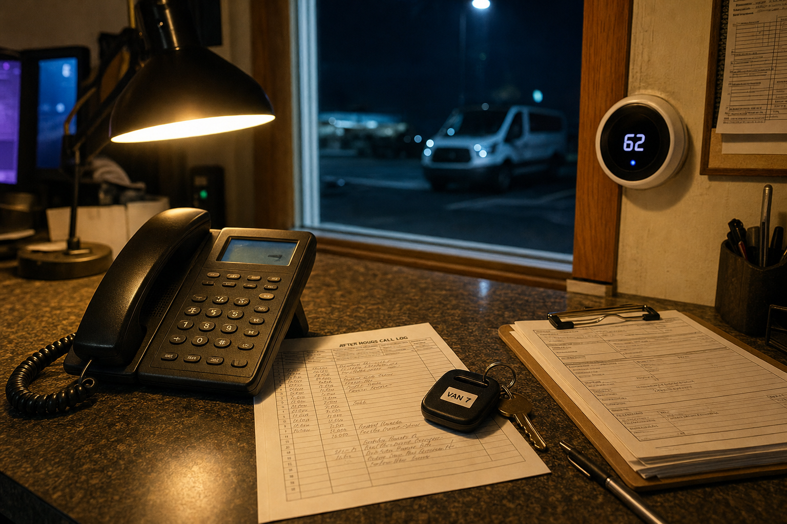 A nighttime HVAC dispatch desk with a corded phone on its cradle, a printed call log, a service van key, and a thermostat on the desk, warm amber lamp light with a soft violet glow from a screen in the background, no people.
