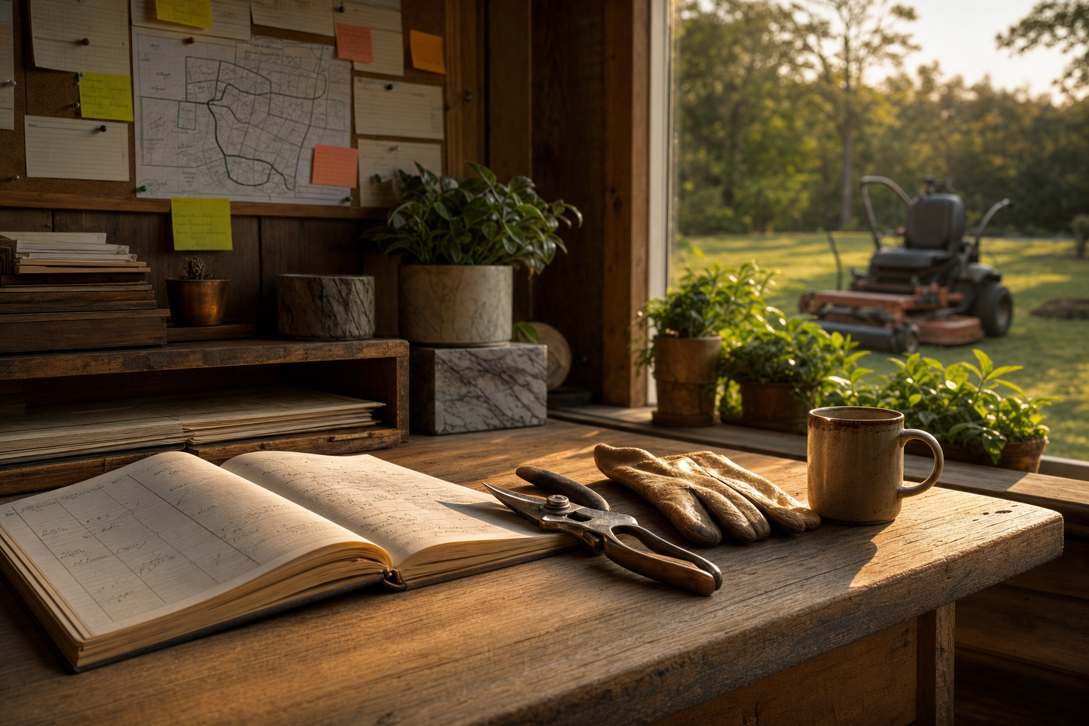 A calm, orderly landscaping company back office at golden hour with an open paper estimate book, pruning shears and work gloves on weathered wood, and a corkboard route map, a mower parked outside a window in soft focus