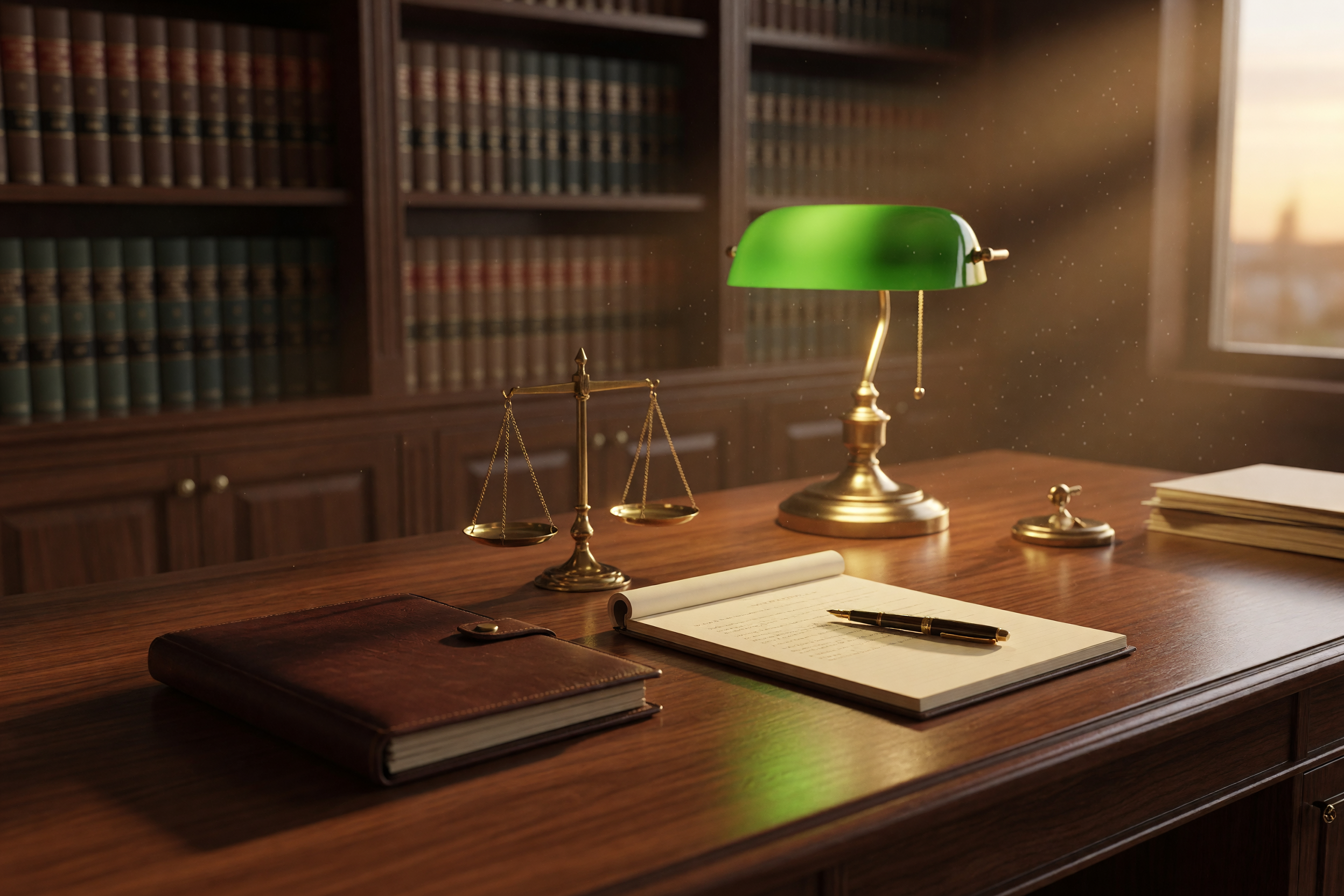 A quiet solo law office at dusk: a polished walnut desk with an open legal pad, a fountain pen, a small brass scales-of-justice, and a leather portfolio under a warm desk lamp, no people.