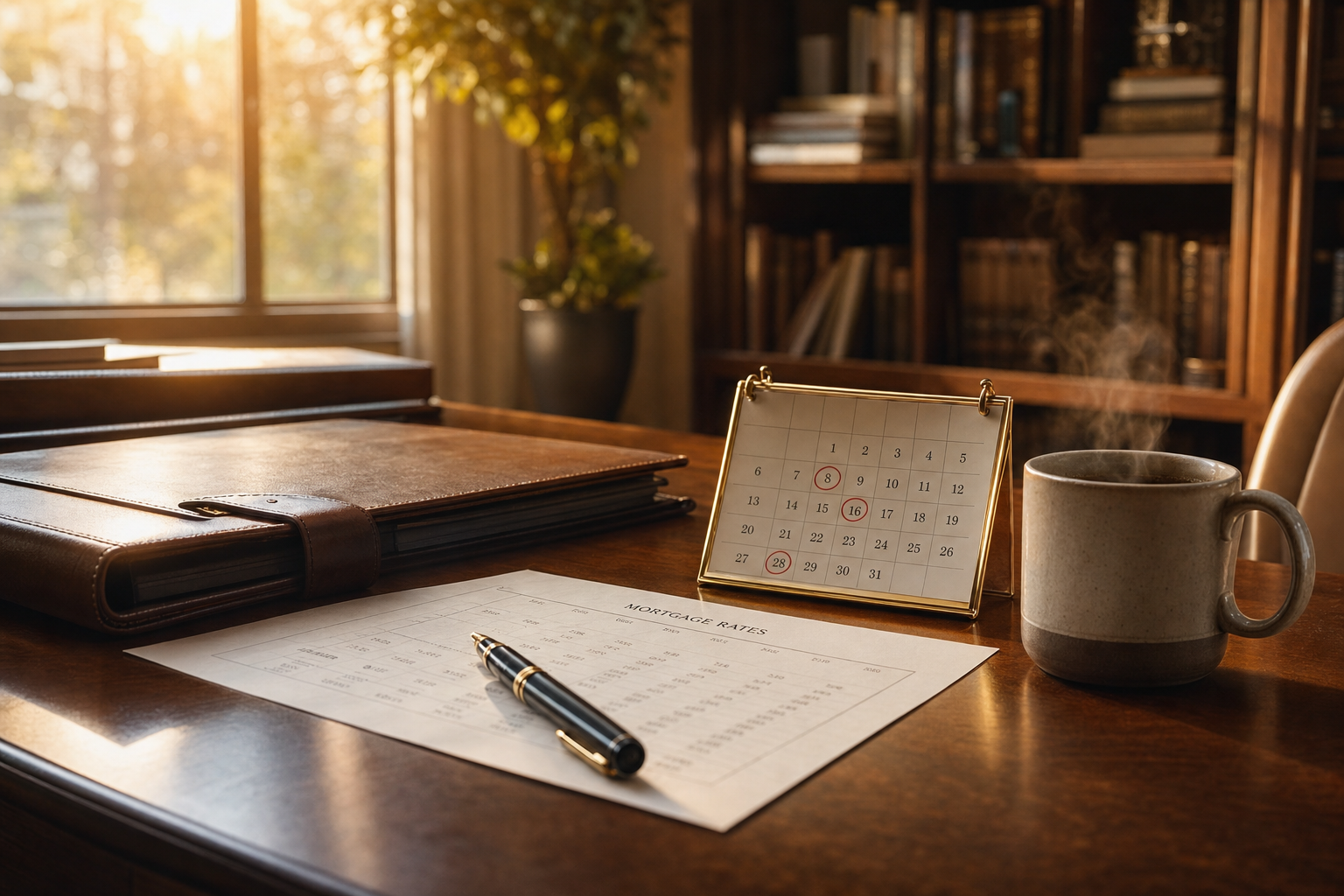 A quiet, organized loan officer's desk in warm morning light with a fountain pen resting on a paper rate sheet, a closed leather portfolio, and a desk calendar with circled dates.