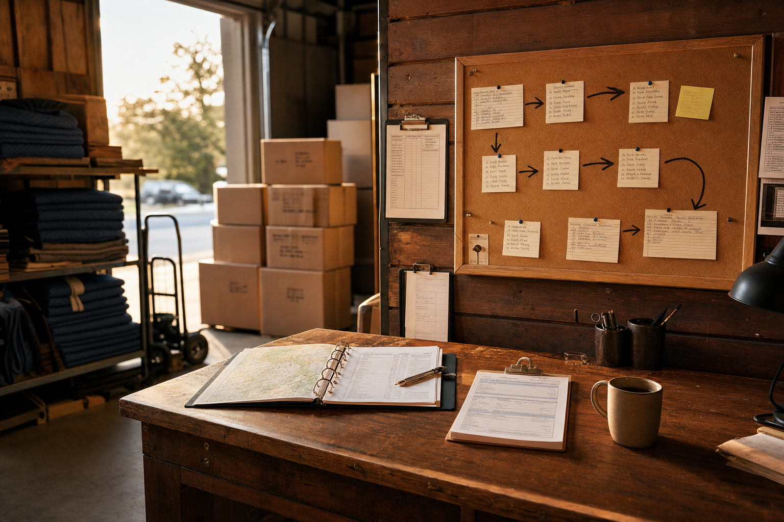 A calm, organized moving company dispatch desk at golden hour with a paper job board, route binder, and neatly stacked packing supplies.