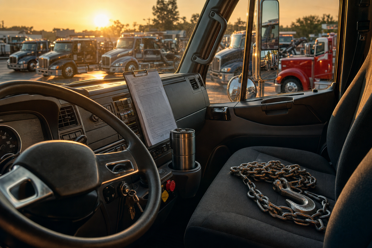 The warm, orderly cab of a professional flatbed tow truck at golden hour with a clipped paper dispatch run-sheet and coiled tow chains.