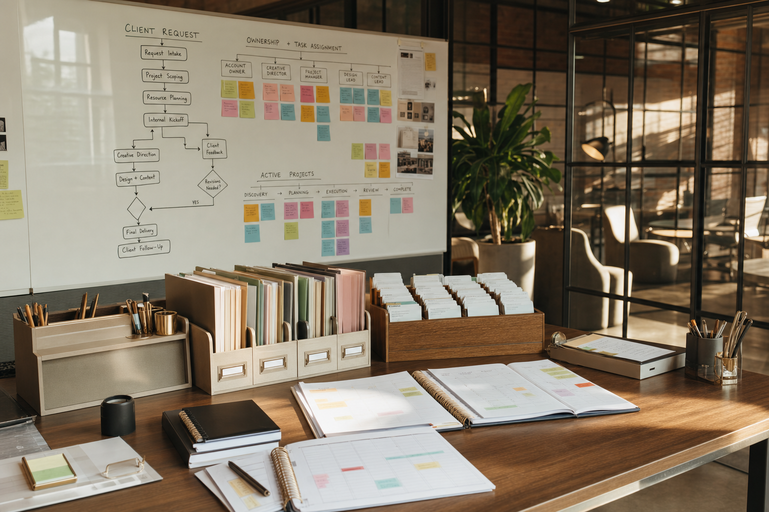 A quiet agency operations room with a whiteboard workflow showing an AI automation agency Discord setup through project cards and owner assignments.