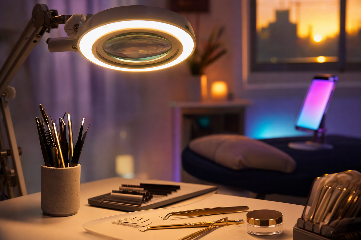 A lash technician's studio workstation at golden hour with warm amber light across a magnifying lamp and lash tools, a soft-focus phone screen glowing violet and cyan in the background
