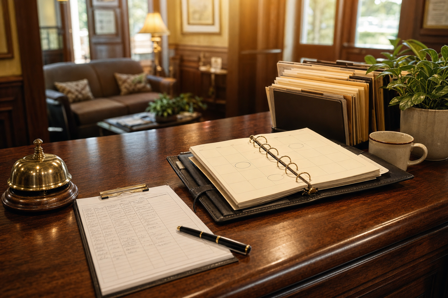 A calm service business front desk arranged for an AI call answering service near me search, with paper call logs and appointment notes.