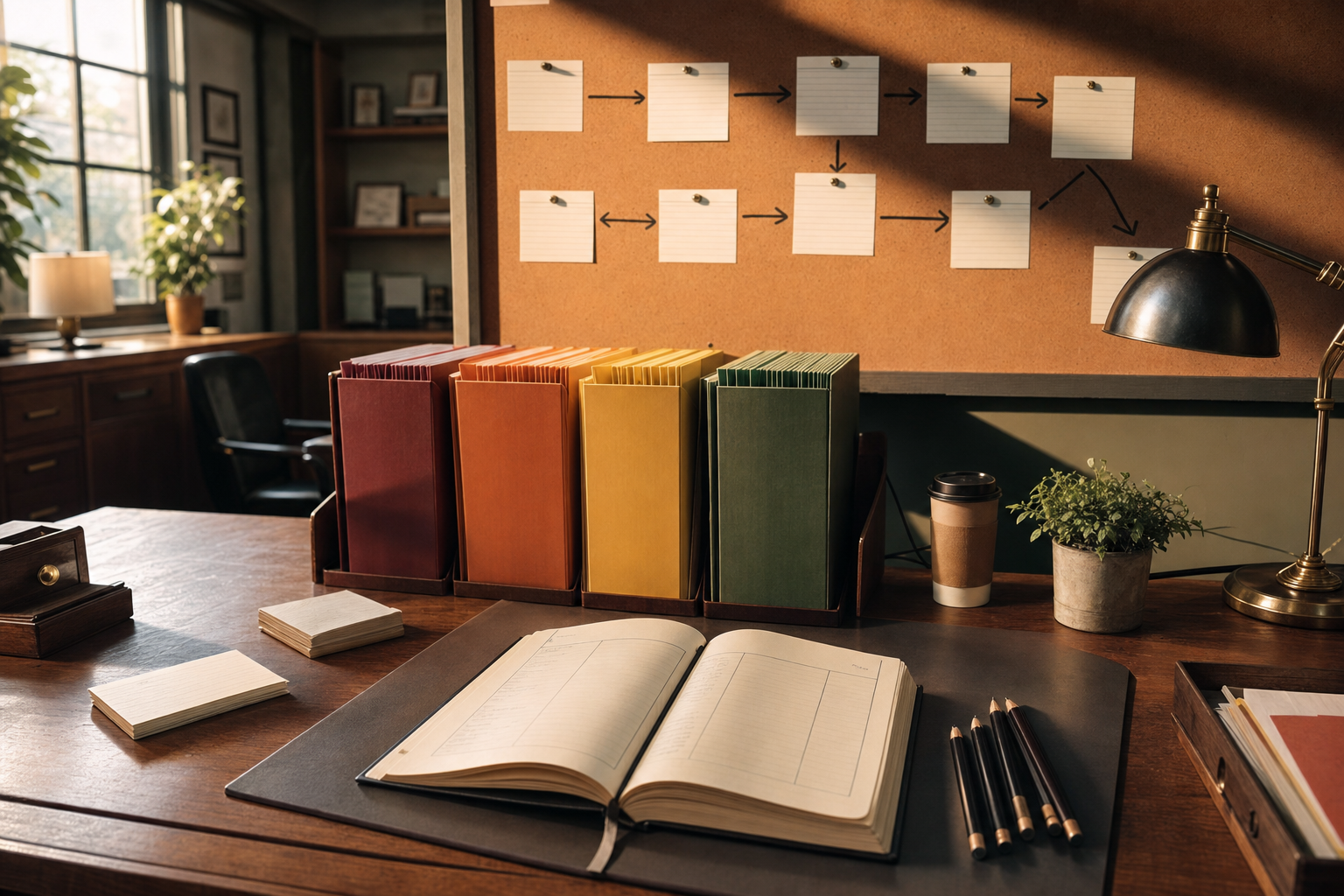 A quiet operations desk with color-coded client folders, a handwritten lead ledger, index cards, and a whiteboard workflow for AI CRM for inbound leads.