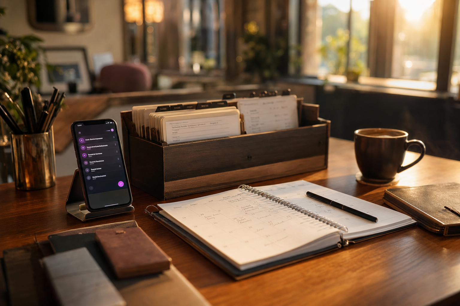 A quiet salon front desk with an open appointment book, a tablet showing a customer list, and a phone resting on the counter.