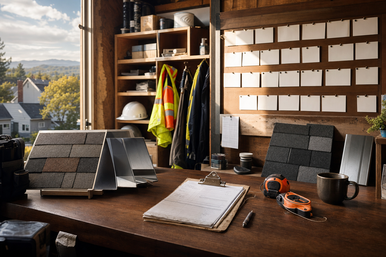 Servicio al cliente con IA para techadores mostrado como una oficina de techado ordenada con órdenes de trabajo en papel, muestras de tejas y un tablero de trabajos limpio con luz cálida.