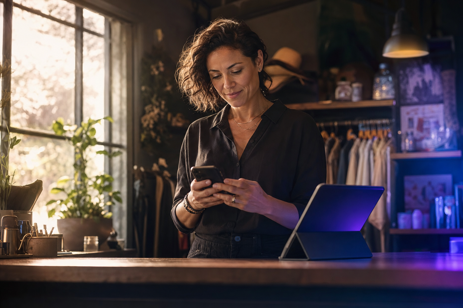 Dueño de negocio revisando mensajes de clientes en un teléfono en el mostrador de una tienda, luz cálida de tarde, resplandor ambiente violeta y cian de una tablet al fondo