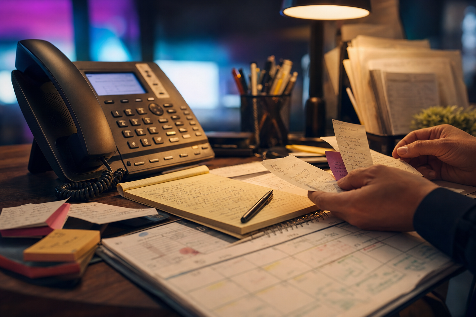 Escritorio de negocio de servicios con un teléfono, notas de seguimiento escritas a mano y una agenda de citas en papel, luz ámbar cálida, tenue resplandor violeta y cian de un monitor al fondo, estilo editorial cinematográfico