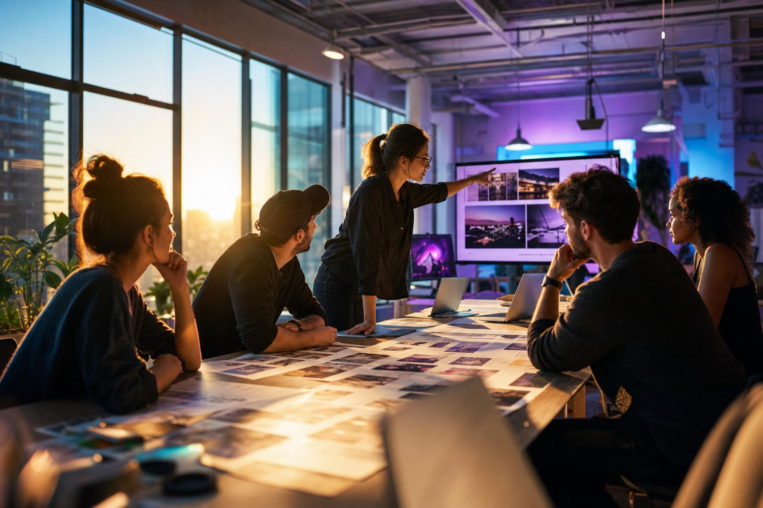 A creative agency team working at a shared table with laptops and project boards in a modern studio, warm golden hour light streaming through tall windows, violet and cyan ambient glow from monitors in the background