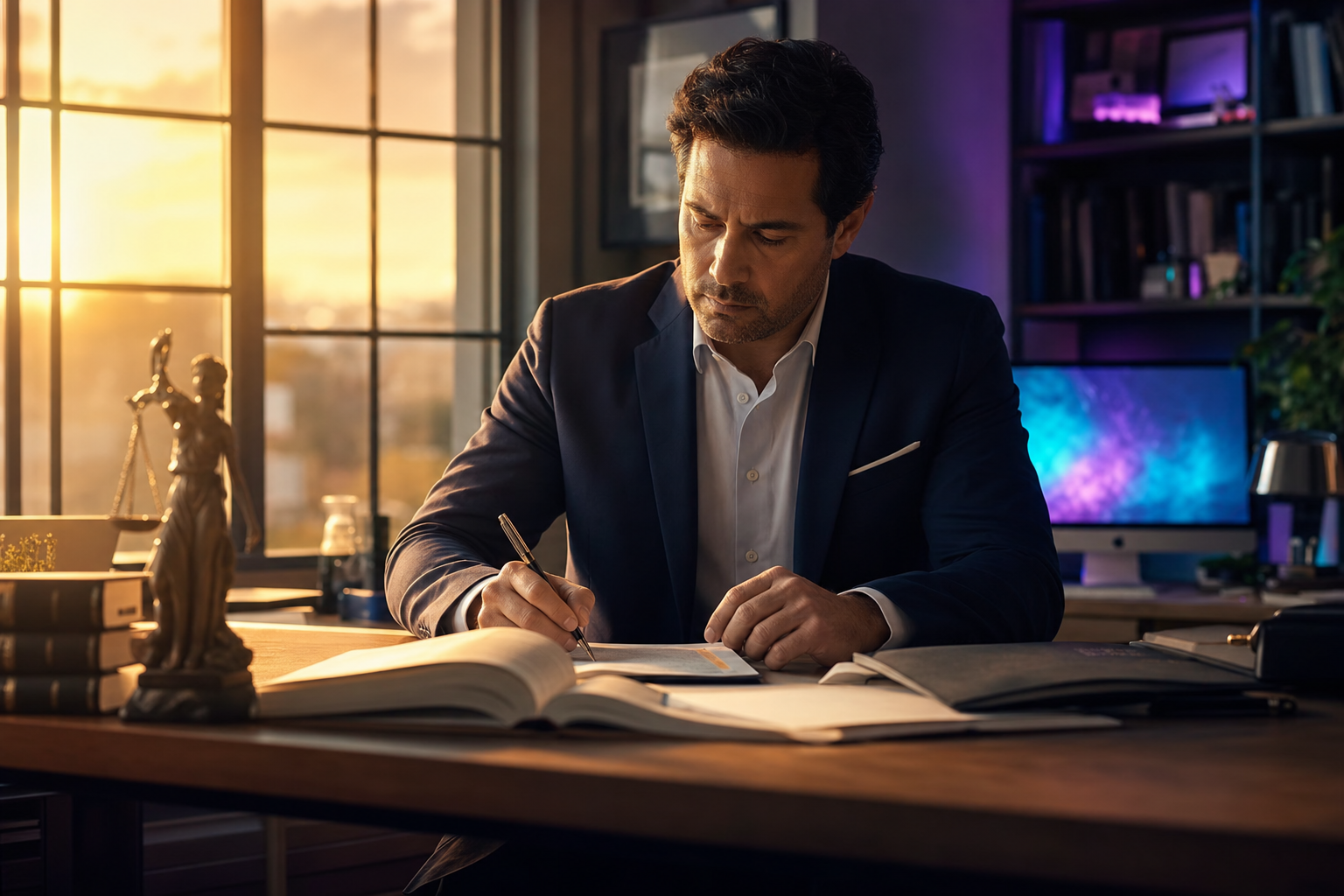 A solo attorney at a wooden desk reviewing notes by warm evening window light, violet and cyan ambient glow from a second monitor, shallow depth of field
