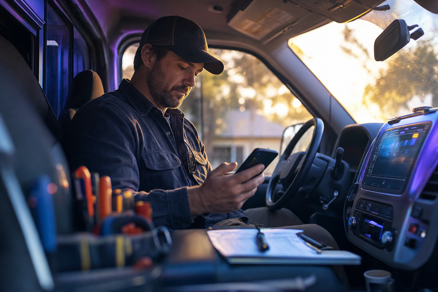 An HVAC contractor in a work truck reviewing their phone at golden hour, warm amber windshield light, soft violet glow from a dashboard display
