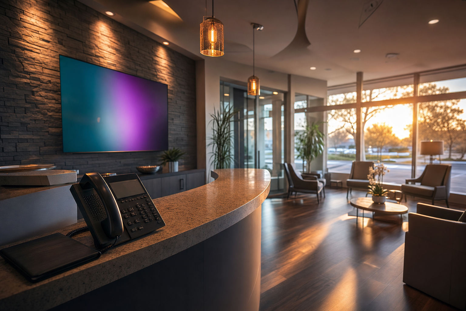 A dental practice front desk with warm afternoon light, a phone on the counter, and a calm organized workspace