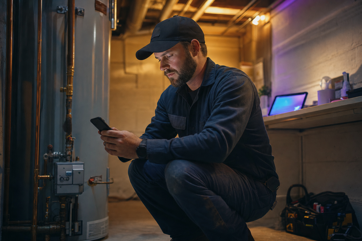 A plumber reviewing job details on their phone while crouched near a water heater in a utility room, warm amber light from overhead fixtures, soft violet glow from a tablet on the counter in the background