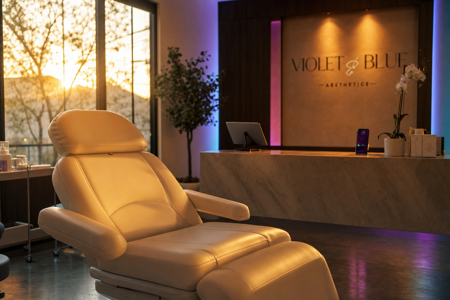 A modern med spa treatment room at golden hour with warm light on a leather treatment chair and an empty reception desk in the background