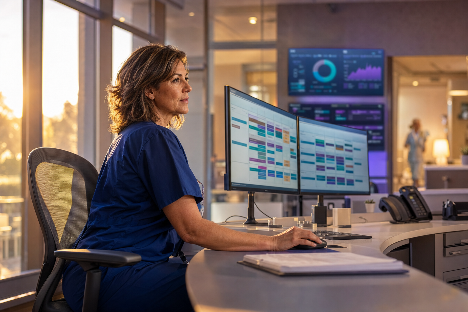 Un director de operaciones de salud revisando los horarios de clínicas con múltiples sucursales en un monitor grande, en una oficina moderna con luz cálida ámbar y un resplandor ambiental cian proveniente de las pantallas secundarias