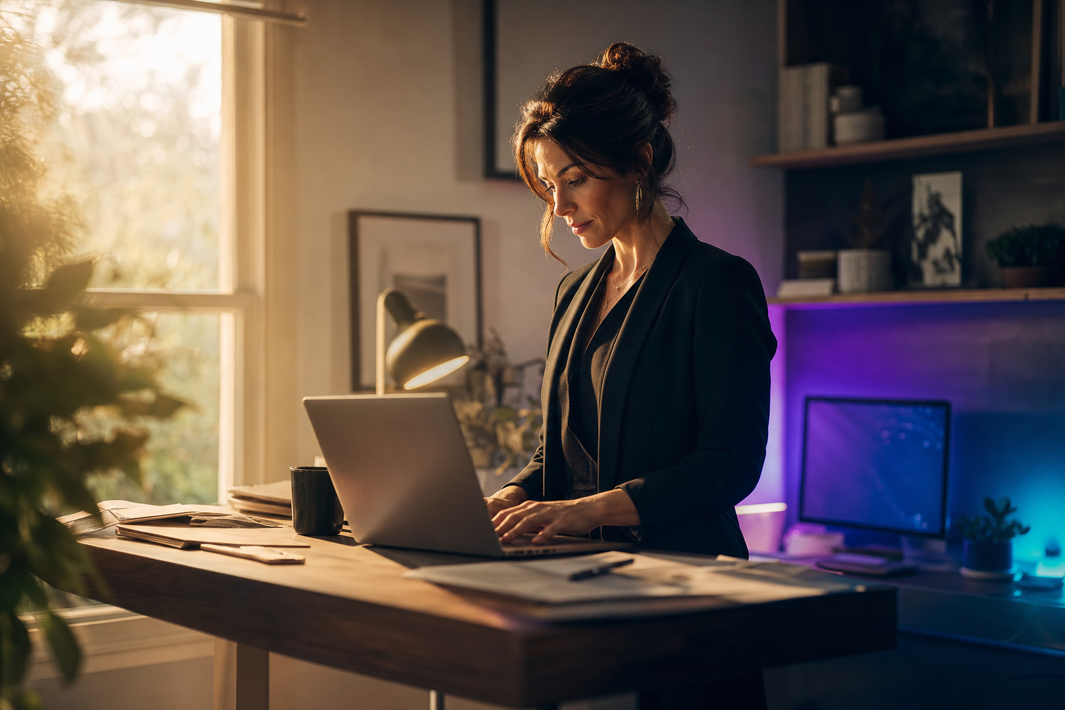 Solo business owner reviewing operations on a laptop at a standing desk, warm morning light through window, violet and cyan ambient glow from a second screen, cinematic editorial photo