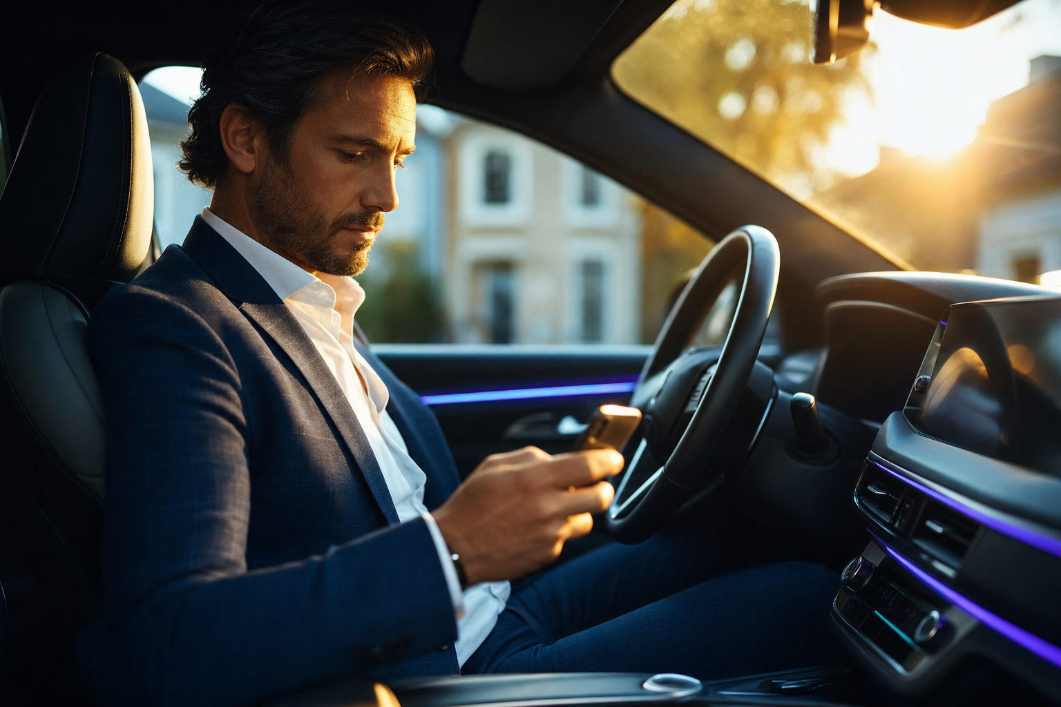 Solo real estate agent sitting in their car checking phone messages at golden hour, warm light through the windshield, violet and cyan ambient glow from the dashboard
