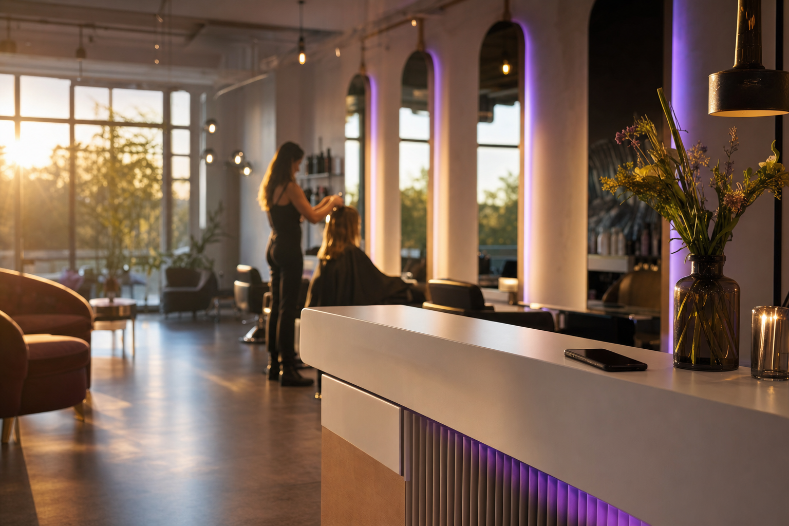 A busy hair salon at golden hour with warm amber light streaming through windows and an empty reception desk in the foreground