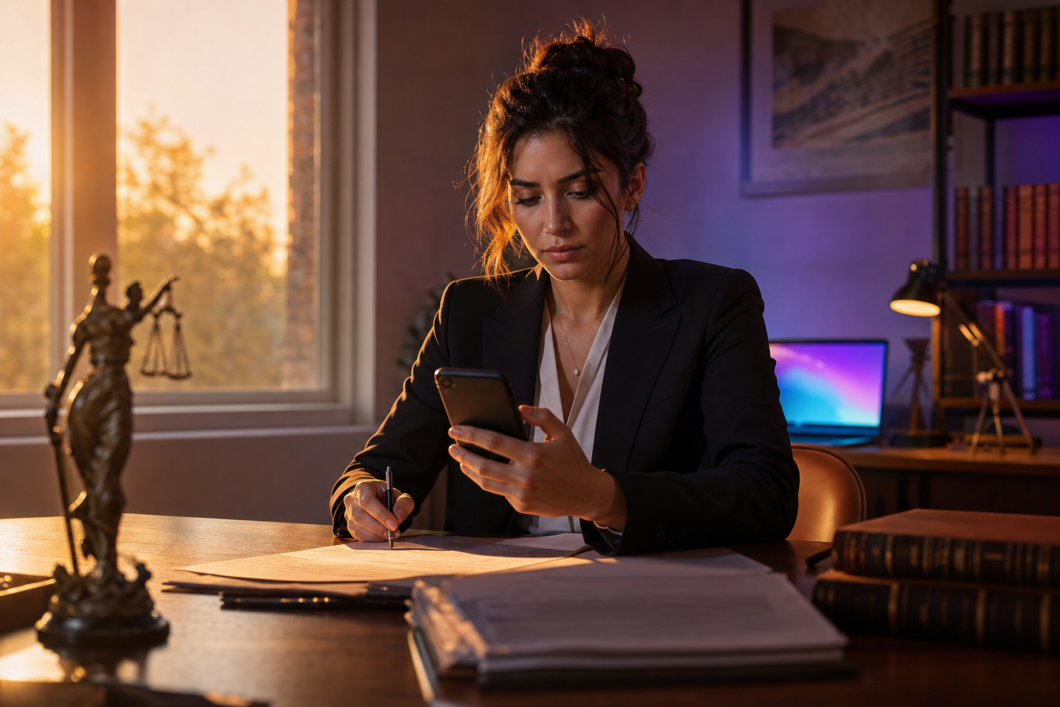 A solo attorney reviewing case notes on a smartphone in a warmly lit home office, violet and cyan glow from a laptop screen in the background, shallow depth of field, cinematic editorial style