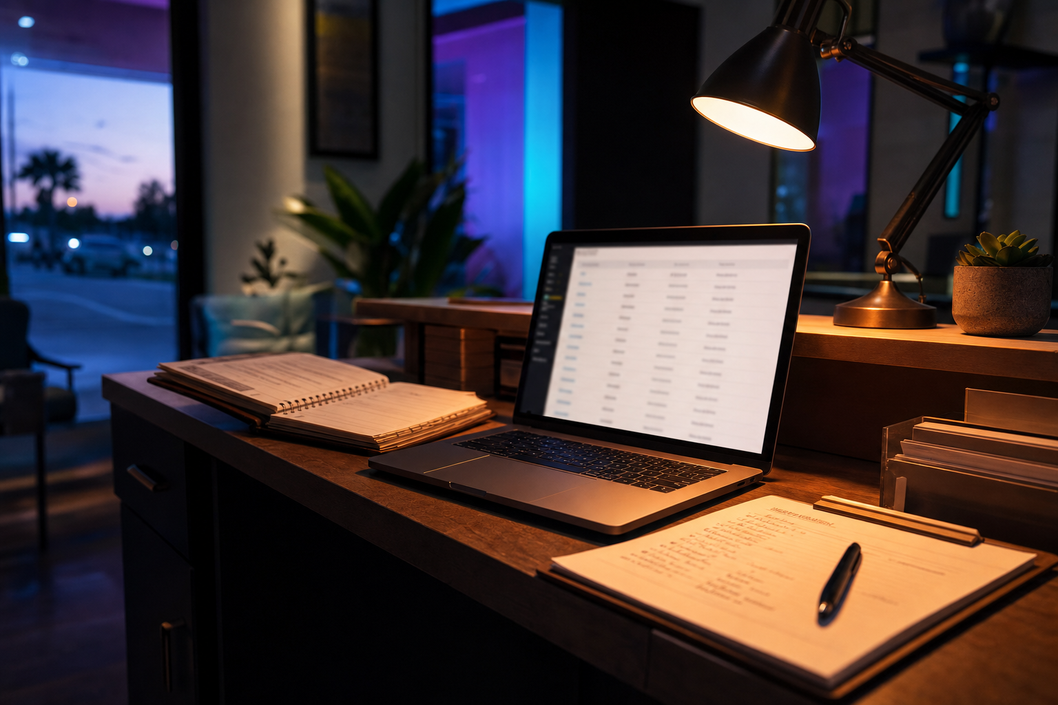 Recepción de un pequeño negocio fuera del horario de atención con una laptop abierta mostrando envíos de formularios, un bloc de notas de papel y bolígrafo bajo la luz cálida ámbar de una lámpara de escritorio