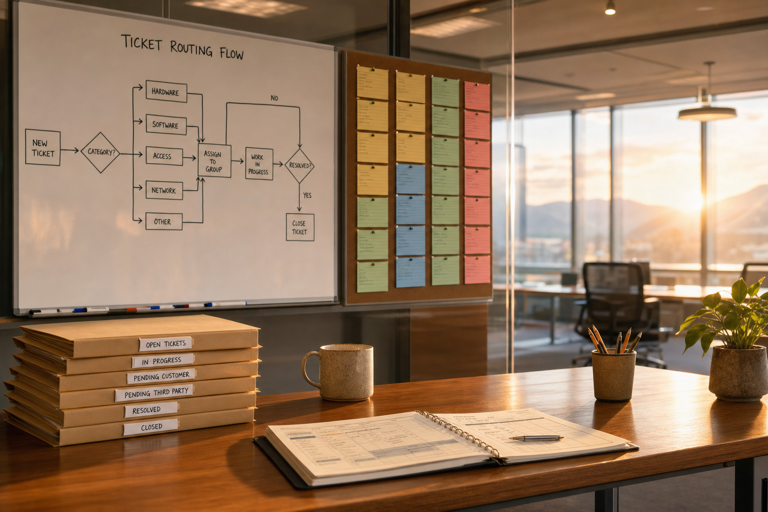 A calm, orderly internal IT operations desk in warm window light with a whiteboard mapping a ticket-routing flow in marker, color-coded index cards pinned to a corkboard, and a stack of labeled folders.