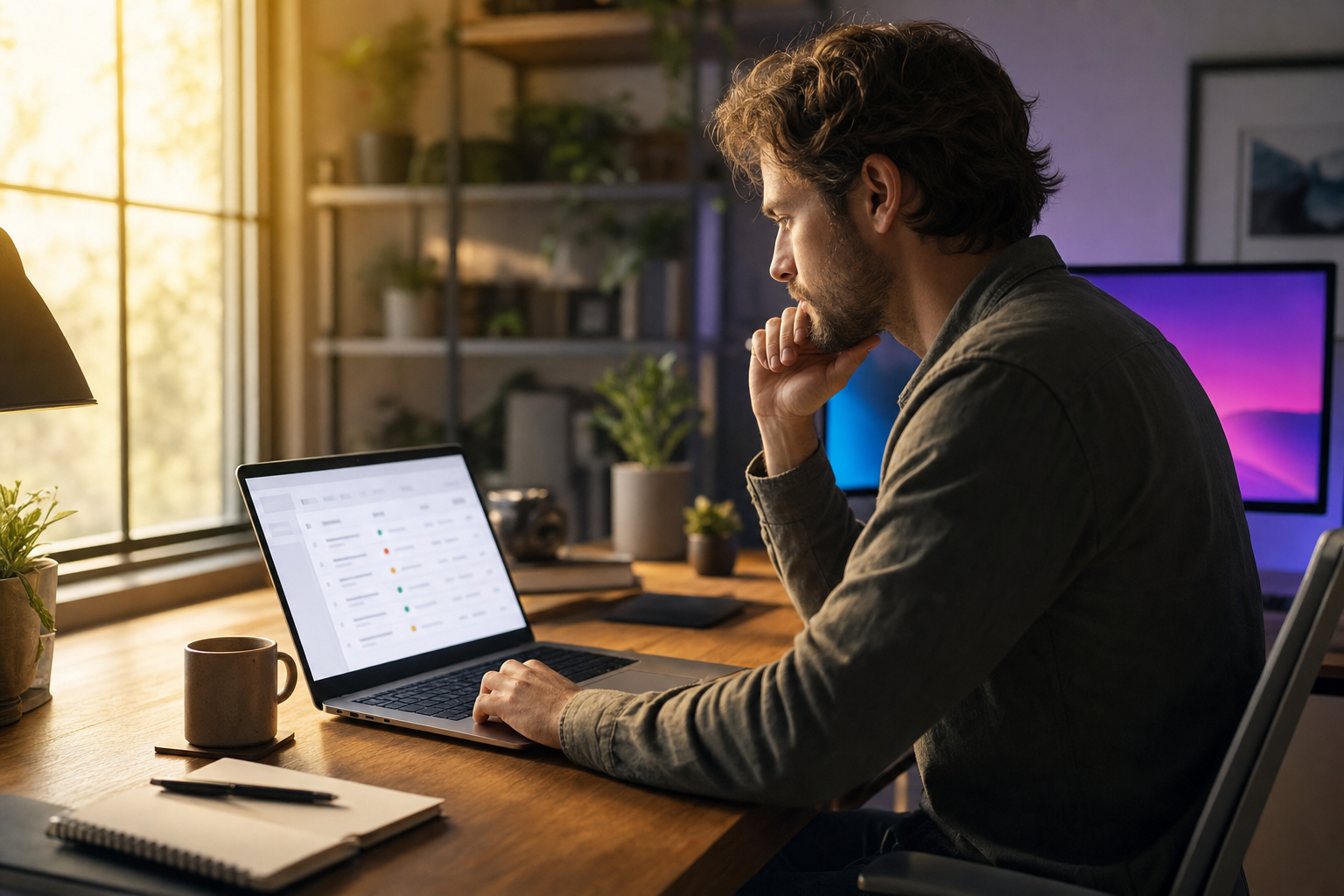 Dueño de negocio revisando una lista estructurada de priorización de leads en una laptop sobre un escritorio iluminado, luz cálida ámbar de ventana, brillo ambiente violeta de una segunda pantalla, estilo editorial cinematográfico, poca profundidad de campo