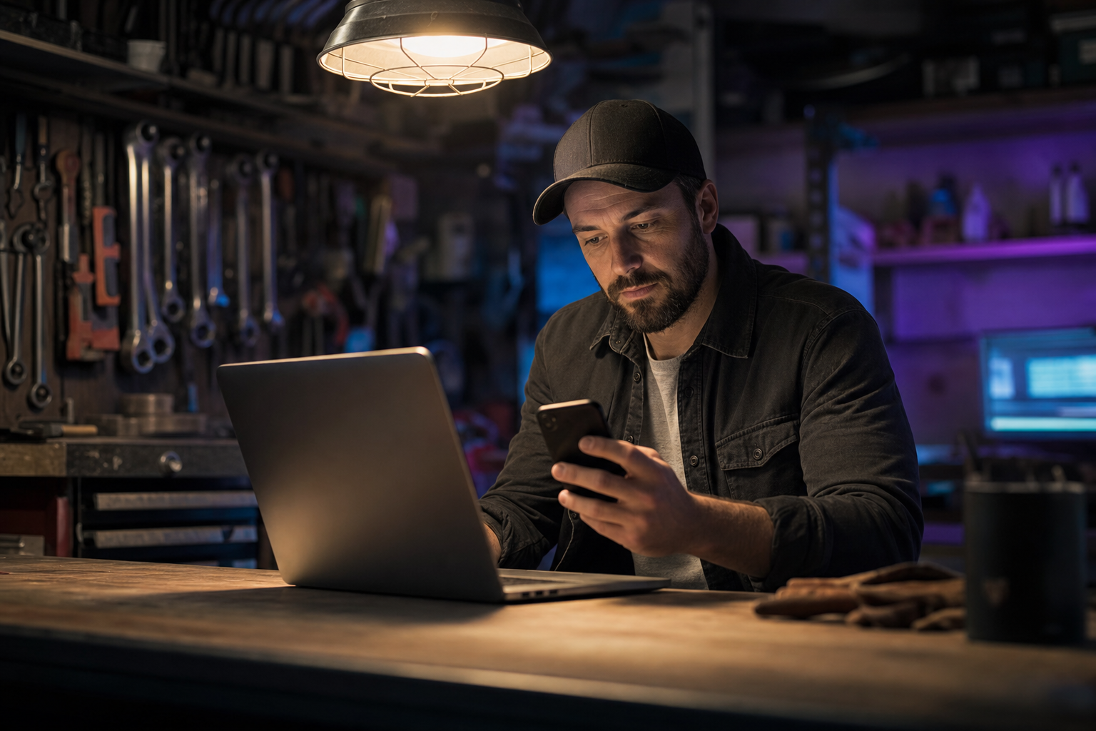 Solo service business owner reviewing incoming lead messages on a phone at a workshop desk, warm amber lamp light, violet and cyan glow from a laptop screen in the background, cinematic editorial style