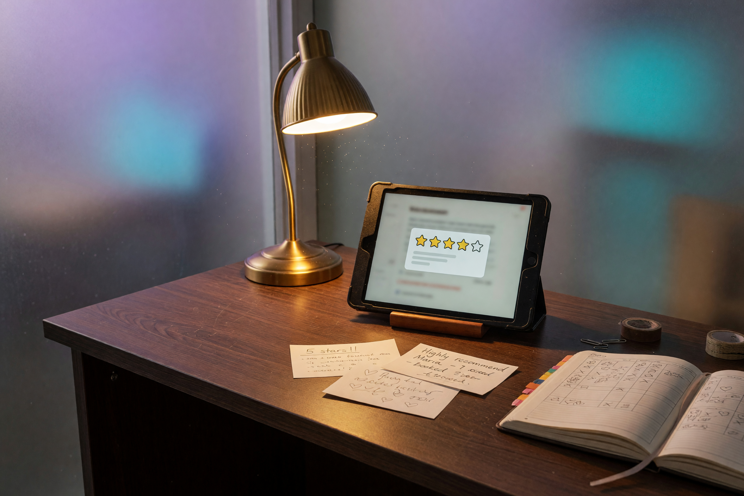 Warm-lit small business reception desk at dusk with a tablet showing review notifications and handwritten referral cards sorted nearby, violet ambient light through the window